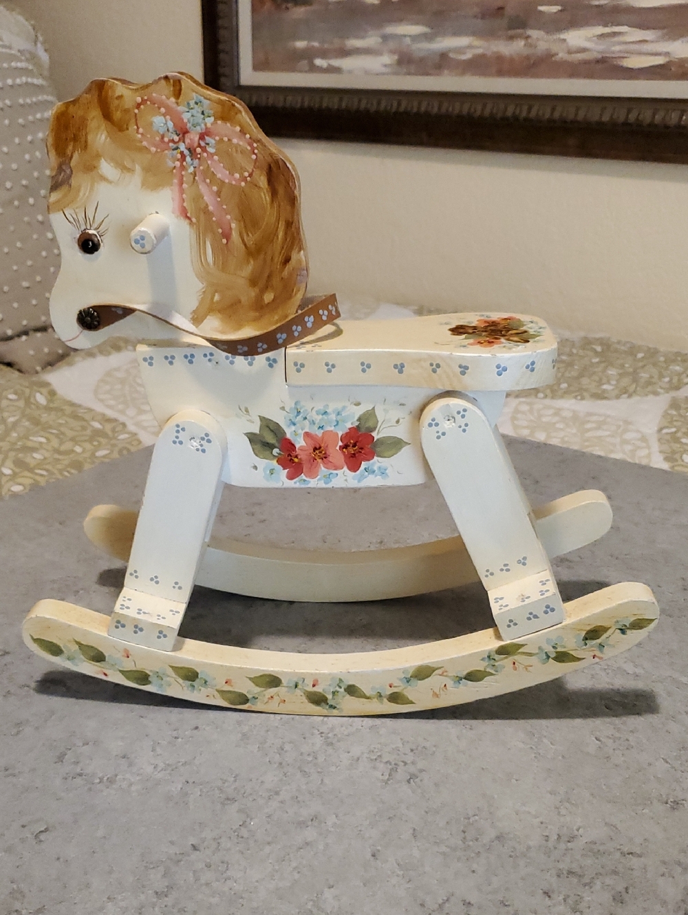 VINTAGE Hand-Painted Cream Floral Wooden Rocking Horse